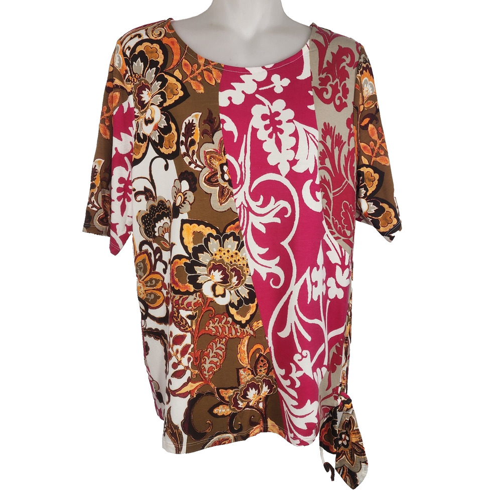 Chico’s Womens Top Paisley Floral M Pink Brown Side Knot Short Sleeve Colorblock